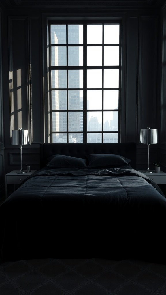 A darkly decorated bedroom with a large window showcasing a city skyline.