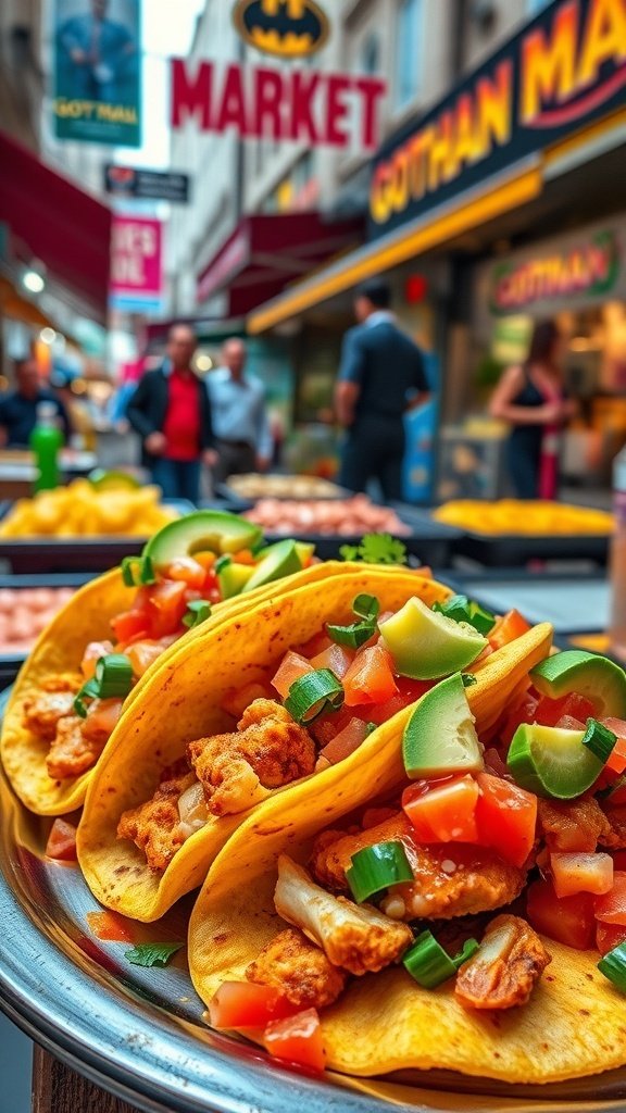Delicious chicken tacos served on a plate with fresh toppings in a bustling Gotham market.