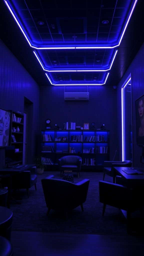 A modern room with blue and purple neon lights illuminating the ceiling and walls.