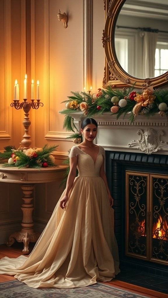 A woman in a champagne-colored party dress standing by a festive fireplace.