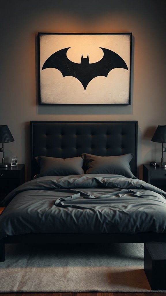 A bedroom featuring a Batman symbol accent above a dark bed with matching decor.