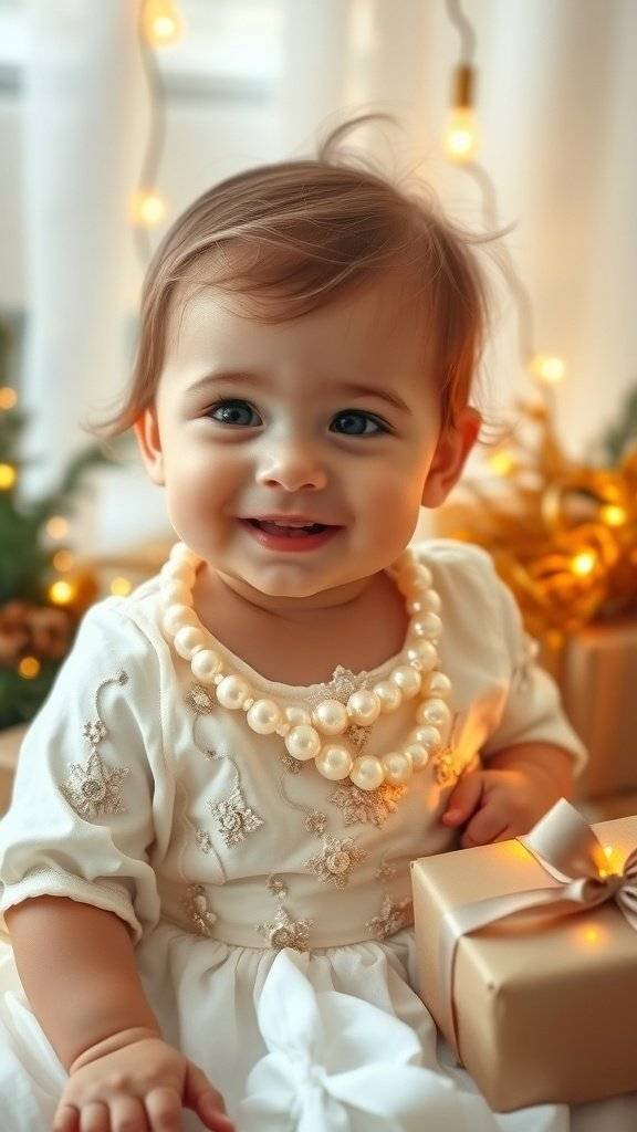 A smiling baby in a white dress with a pearl necklace, surrounded by Christmas gifts and decorations.