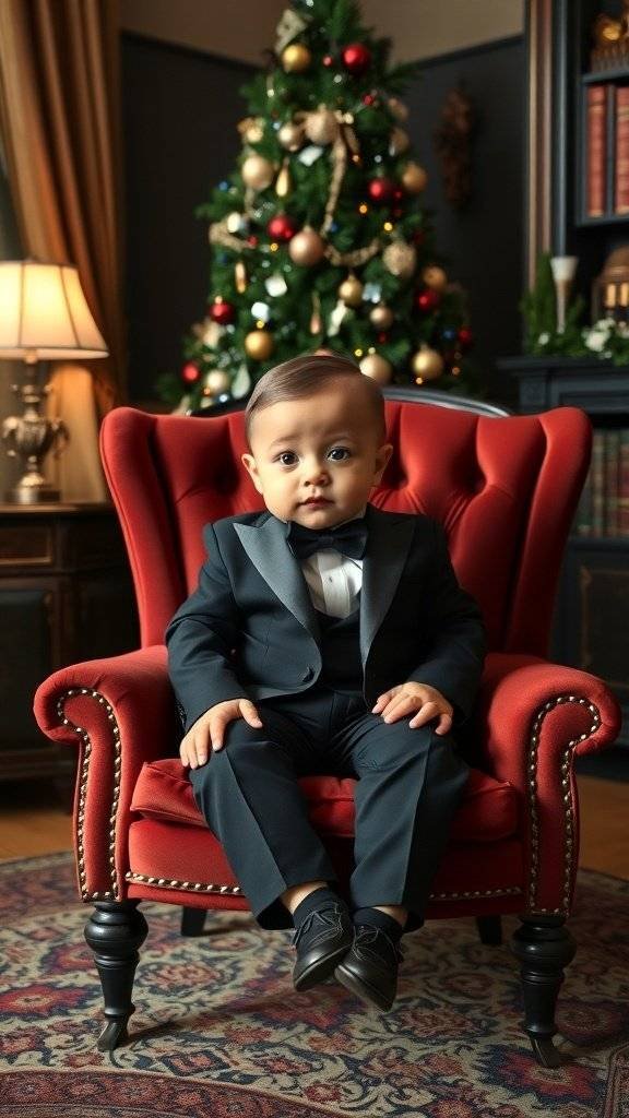 A baby in a tuxedo sitting in a red chair with a Christmas tree in the background.