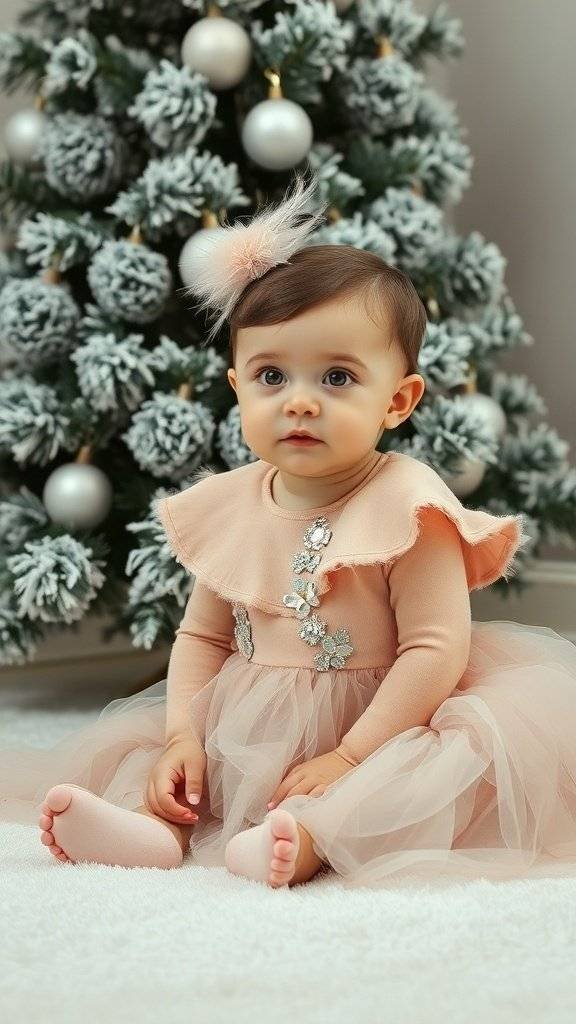 A baby girl in a feathered flapper dress sitting in front of a decorated Christmas tree.
