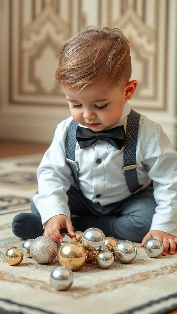 A baby boy in a white shirt and orange bowtie, playing with Christmas baubles on a patterned rug.