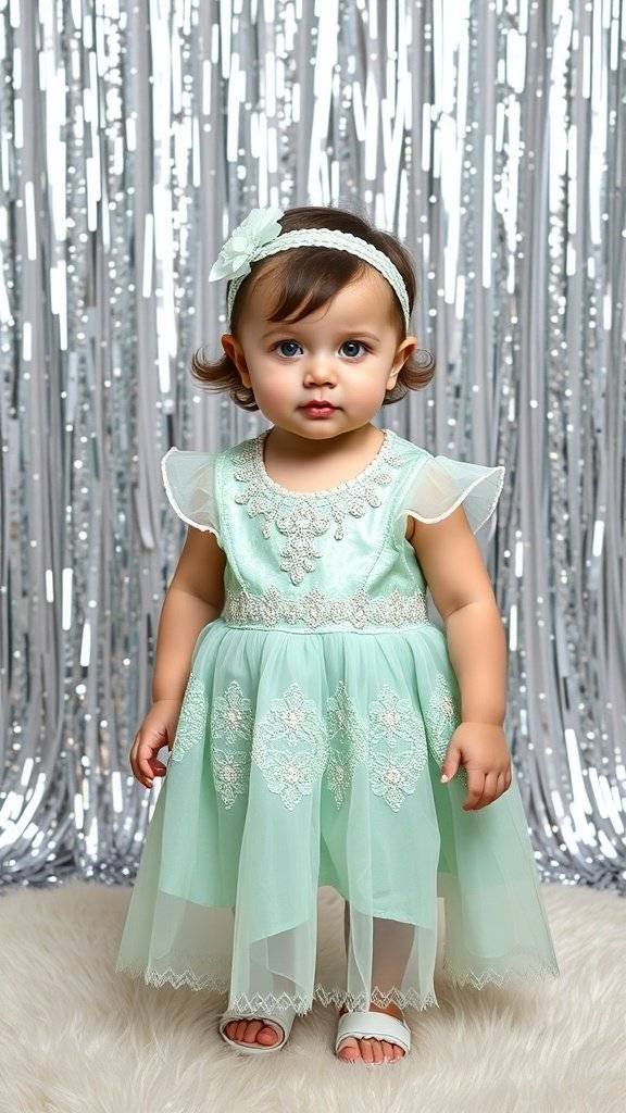 A baby girl wearing a mint green dress with decorative elements, standing against a shiny silver backdrop.