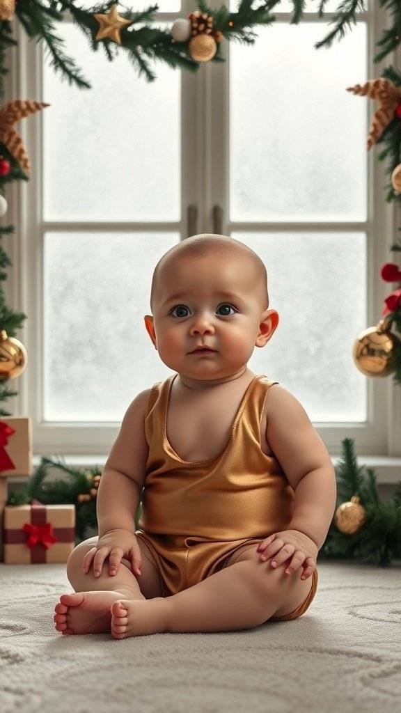 A baby in a golden satin outfit sitting in front of a snowy window, surrounded by Christmas decorations.