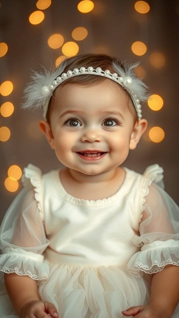 A smiling baby wearing a pearl headband with feathers, set against a backdrop of warm lights.