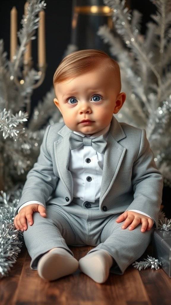 A baby wearing a grey tailcoat and bow tie, surrounded by Christmas decorations.