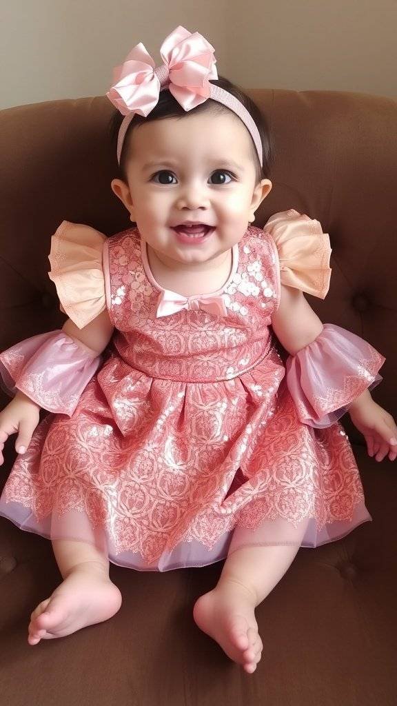 A smiling baby girl wearing a rose gold flapper dress with flutter sleeves and a matching bow headband.