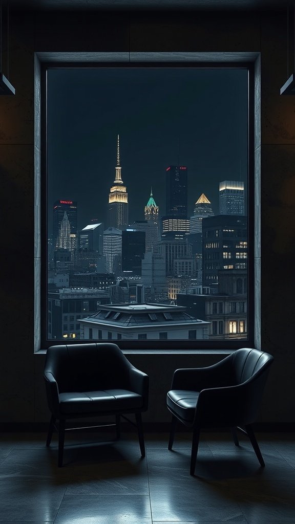 A modern bedroom corner with two black chairs and a view of a city skyline at night.