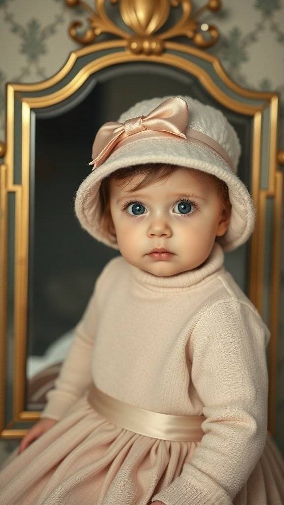 A baby wearing a soft cloche hat with a bow, styled in a vintage setting.