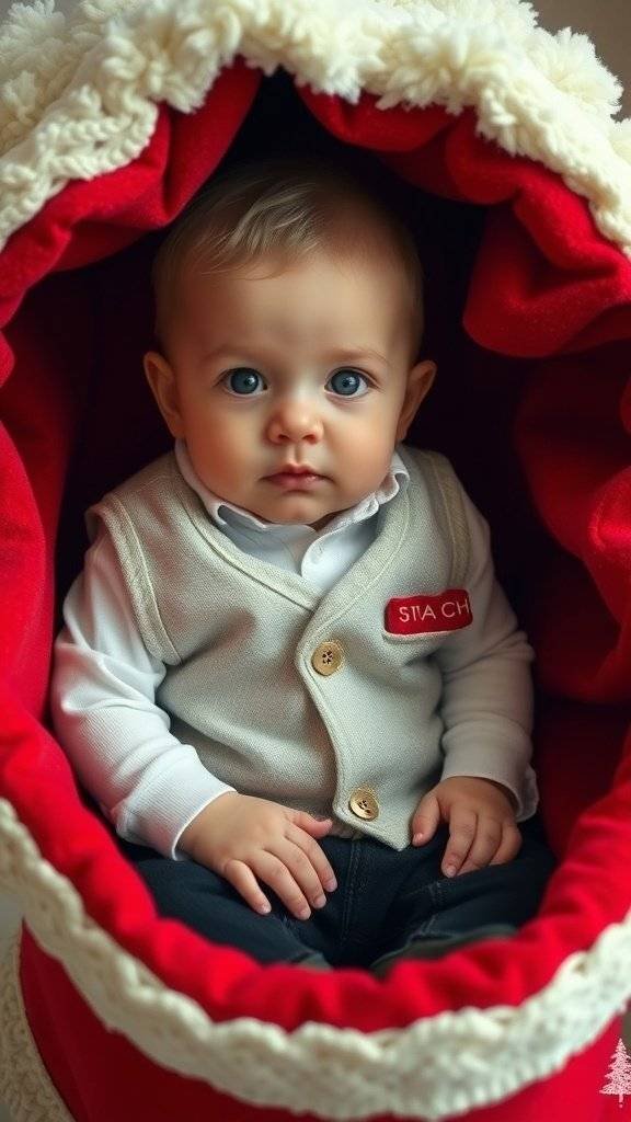 A baby in a beige vest sitting in a red hood, surrounded by Christmas decorations.