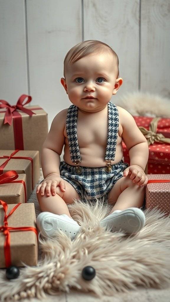 A baby wearing a tiny tweed outfit with suspenders, sitting among Christmas gifts.