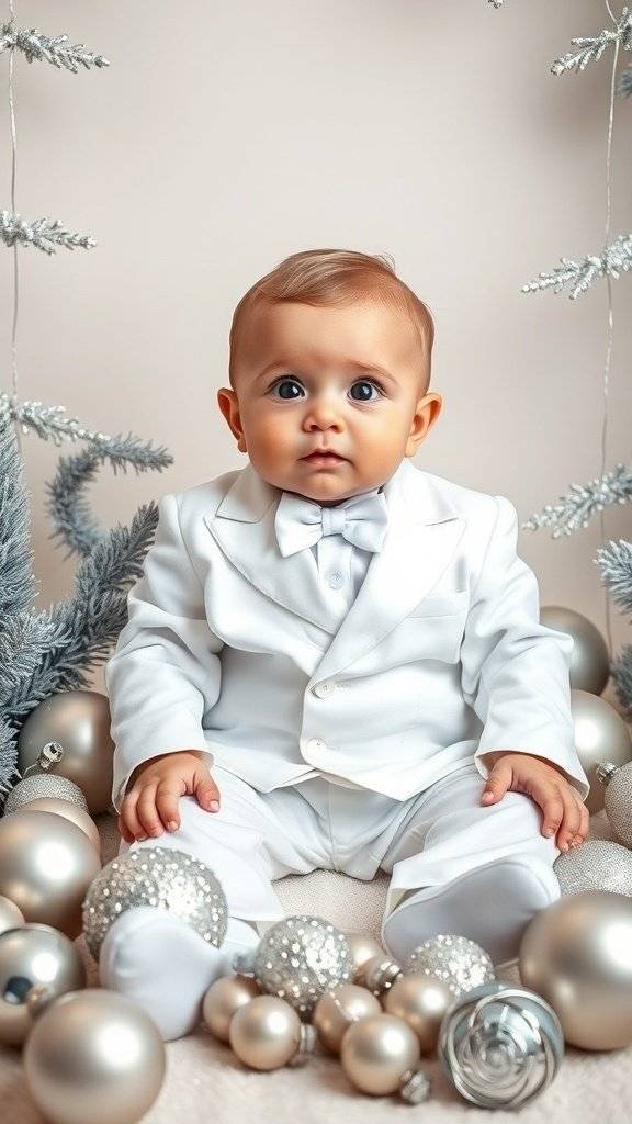 A baby in a mini white tuxedo surrounded by silver Christmas ornaments.