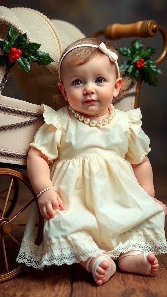 A baby girl in a pearl-collared Christmas dress, sitting in a festive setting.