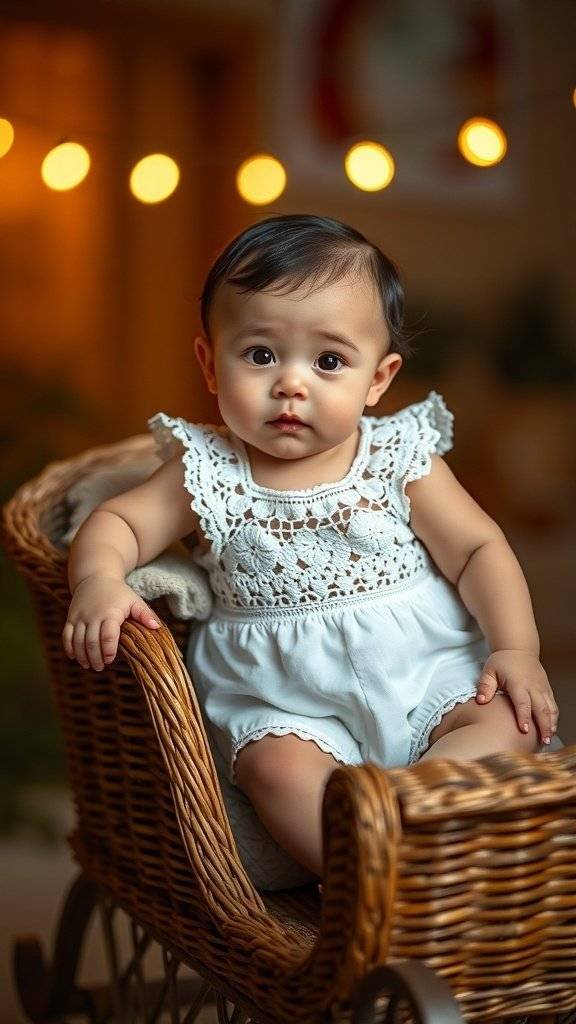 A baby wearing a vintage crochet outfit, sitting in a wooden rocking chair with soft lighting in the background.