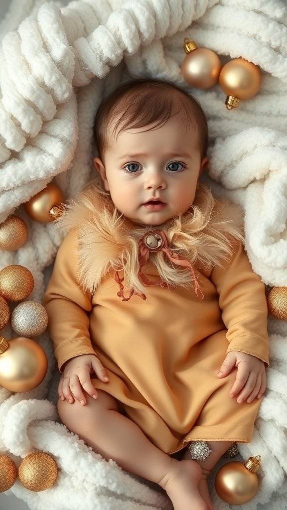 A baby in a golden outfit surrounded by holiday ornaments and a cozy blanket
