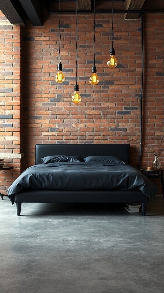 Industrial minimalist bed with pendant lights and exposed brick wall