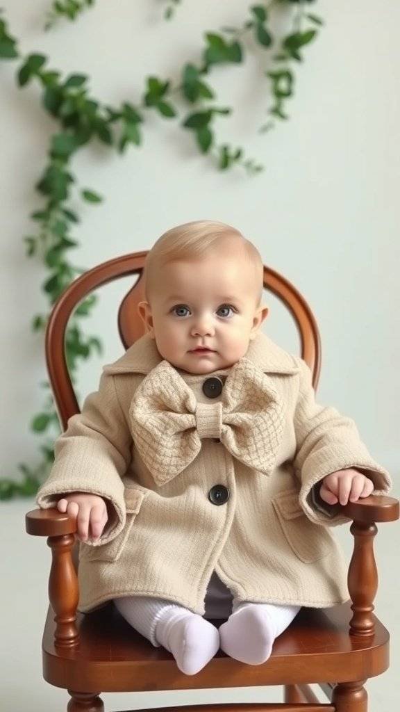 A baby wearing a beige Mini Deco Bow Coat, sitting on a wooden chair with a smile.