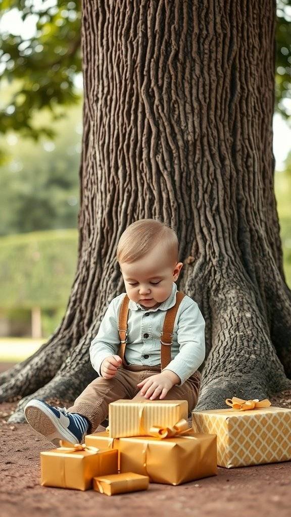 A baby in a classic Gatsby-style outfit with suspenders, sitting by wrapped Christmas gifts.