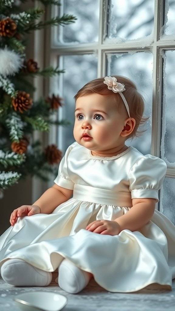 A baby girl wearing a satin dress, sitting by a window decorated for Christmas.