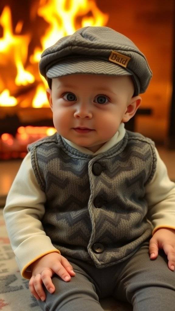 A baby boy wearing a herringbone vest and cap, sitting in front of a fireplace.