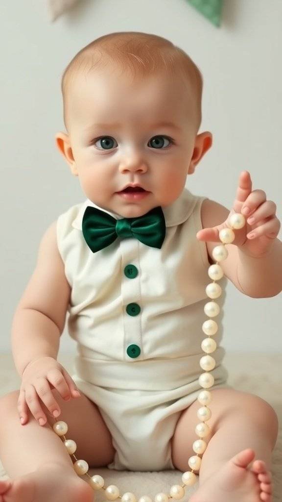 A baby wearing a cream onesie with a green bowtie, holding a string of pearls, sitting on a beige surface.