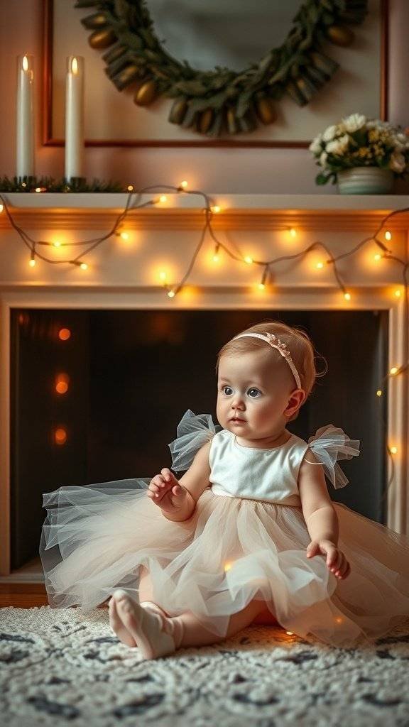 A baby in a tulle skirt sitting in front of a decorated fireplace with twinkling lights.