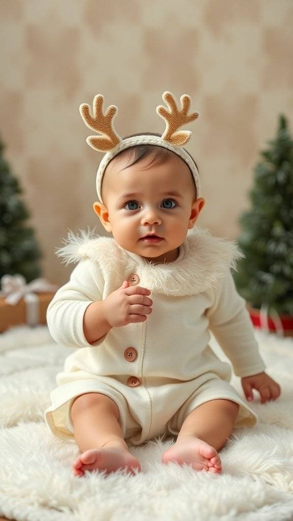 A baby in a cream outfit with reindeer antlers, sitting on a fluffy rug with Christmas decorations.