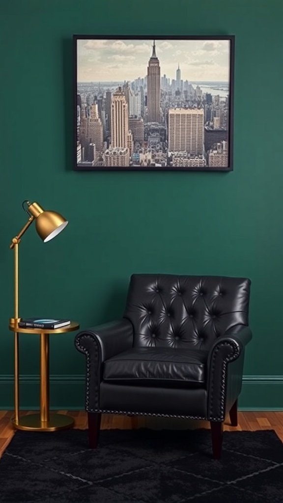 A cozy reading nook featuring a black leather armchair, gold lamp, and green walls, inspired by Gotham's Penguin character.