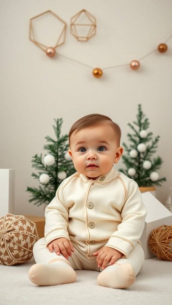 A baby wearing a cream-colored outfit with gold trim, sitting in a festive setting with small Christmas trees and decorative ornaments.