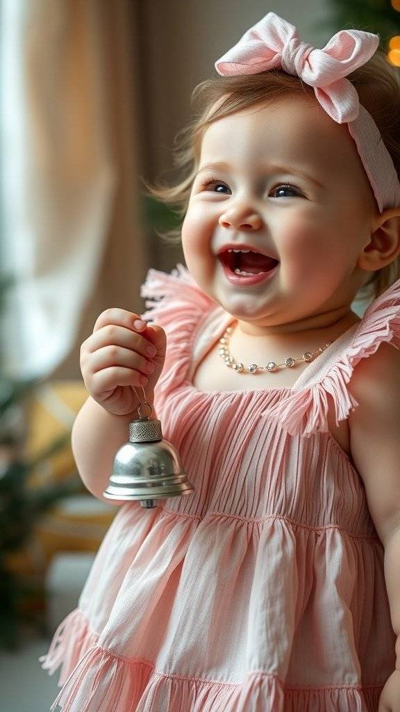 A joyful baby in a pink flapper-style dress with ruffles, holding a small bell, celebrating Christmas.