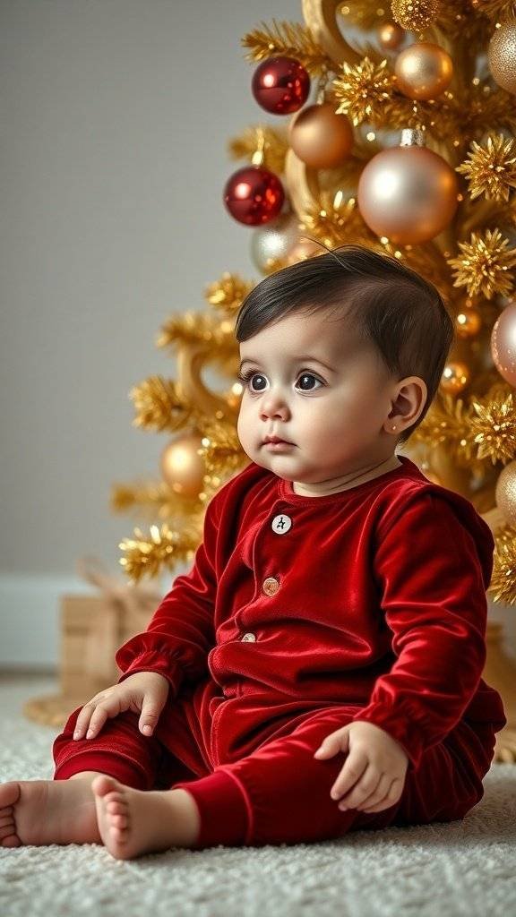 A baby in a red velvet outfit sitting in front of a Christmas tree decorated with gold and red ornaments.