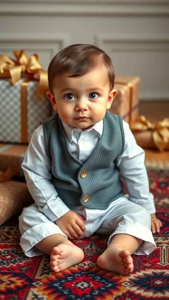 A baby in a gray vest and white shirt sitting on a colorful rug with Christmas gifts in the background.