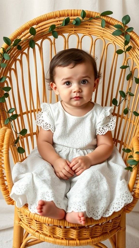 A baby in an ivory lace dress sitting in a woven chair, with a flower headband and greenery around.