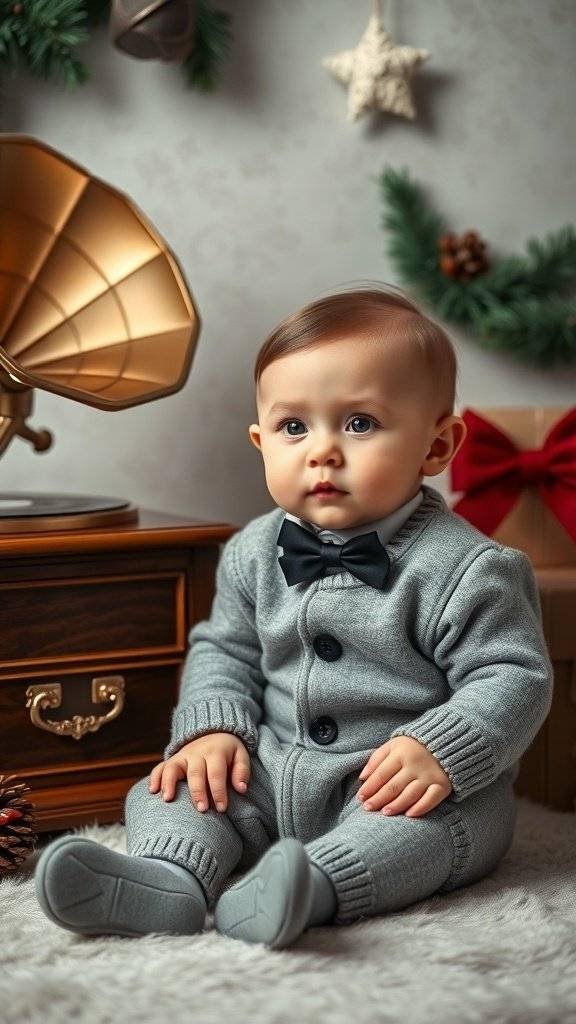 A baby in a grey outfit with a bow tie, sitting beside a vintage gramophone, surrounded by Christmas decorations.