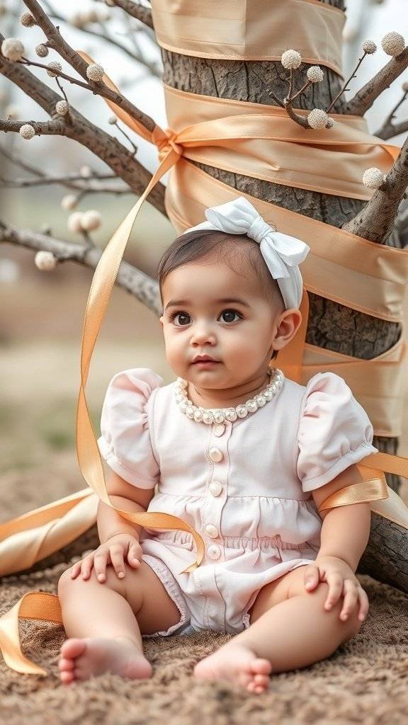 A baby wearing a pearl-trimmed romper with a bow headband, sitting near a tree decorated with ribbons.