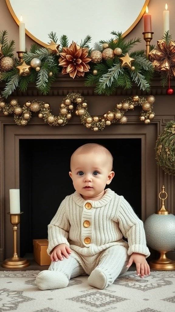 A baby in a cream knitted outfit sitting in front of a beautifully decorated fireplace for Christmas.