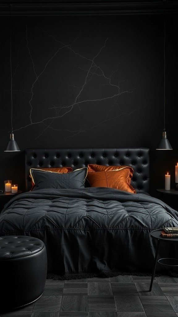 A stylish bedroom with a black tufted bed, orange pillows, and soft lighting.