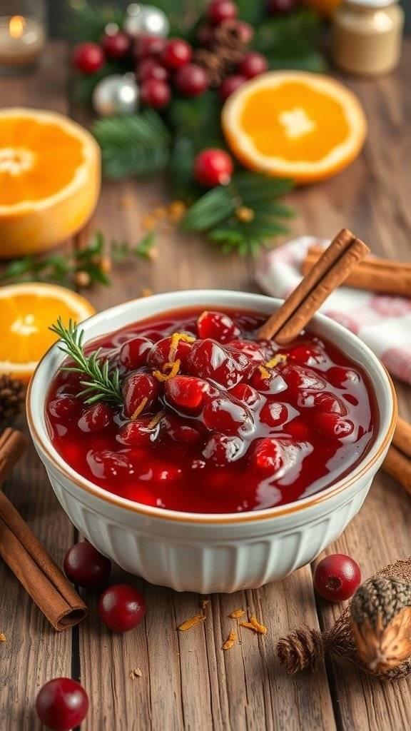 A bowl of spiced cranberry sauce with oranges and cinnamon sticks in a festive setting.