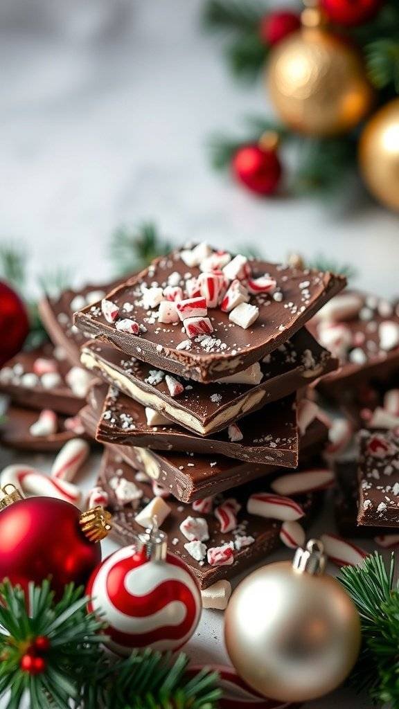 A stack of chocolate peppermint bark with crushed peppermint candies on top, surrounded by festive ornaments.