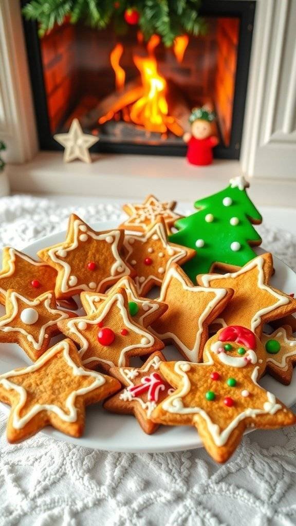 A plate of decorated gingerbread cookies in festive shapes, with a cozy fireplace in the background.