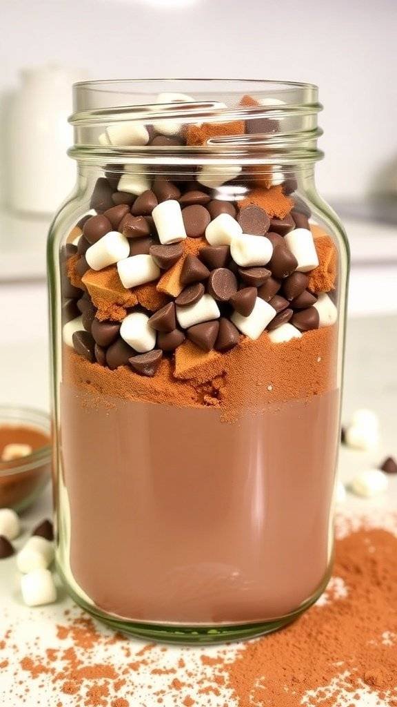 A jar filled with layers of hot chocolate mix, marshmallows, and chocolate chips, with steam rising from the top.