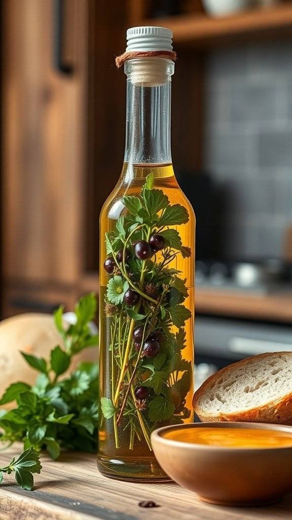 A bottle of herb-infused olive oil with fresh herbs, bread, and a bowl of sauce on a wooden table.
