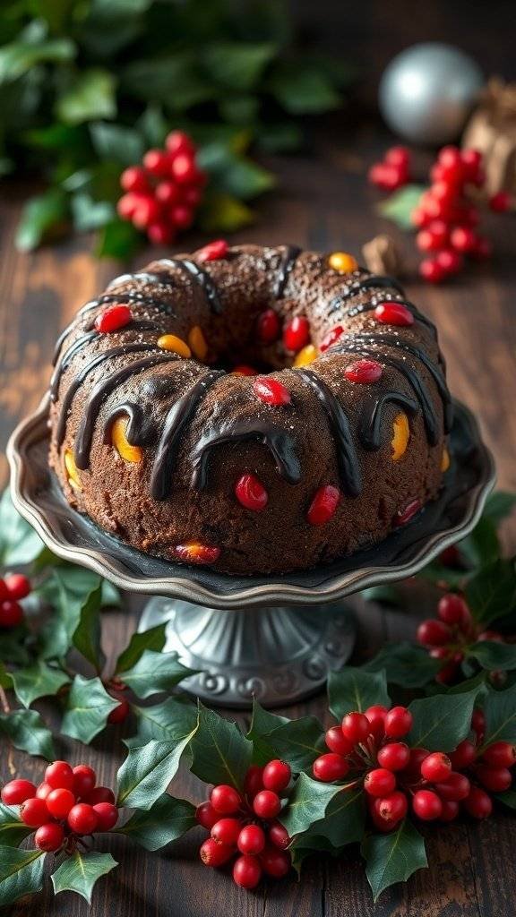 A beautifully decorated fruitcake with colorful fruits and a chocolate glaze, surrounded by festive decorations.