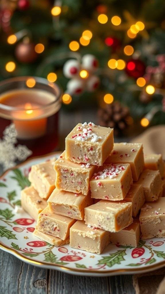 A plate of homemade fudge decorated with peppermint sprinkles, surrounded by festive decorations.