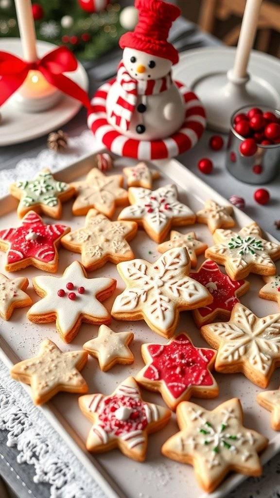 A platter of beautifully decorated star-shaped sugar cookies for Christmas.