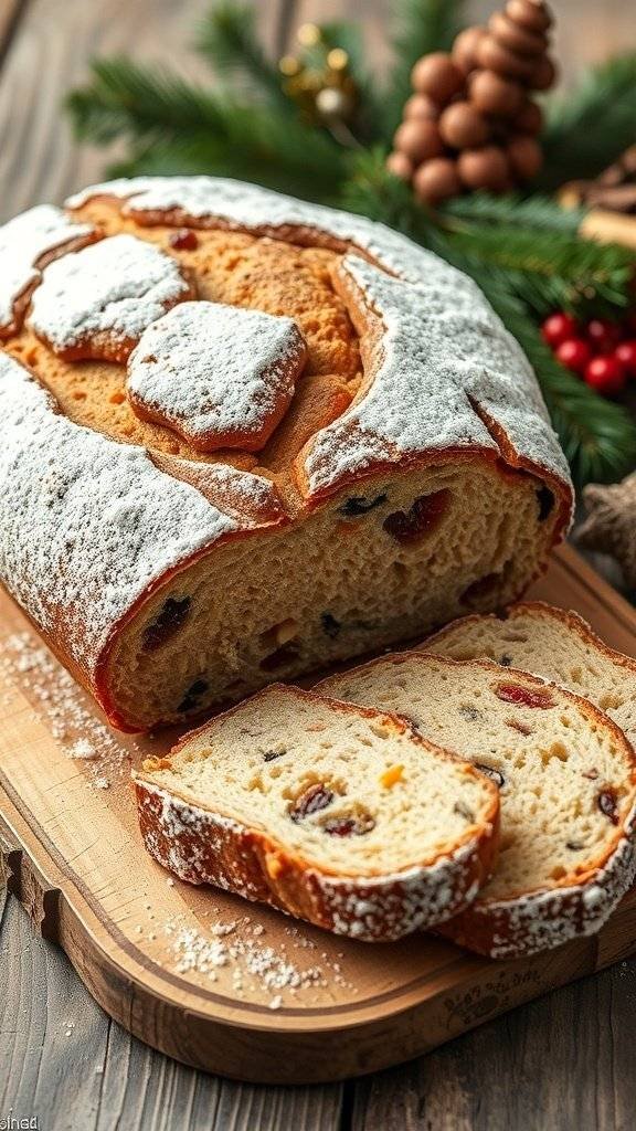 Traditional German Stollen bread with powdered sugar, sliced on a wooden board