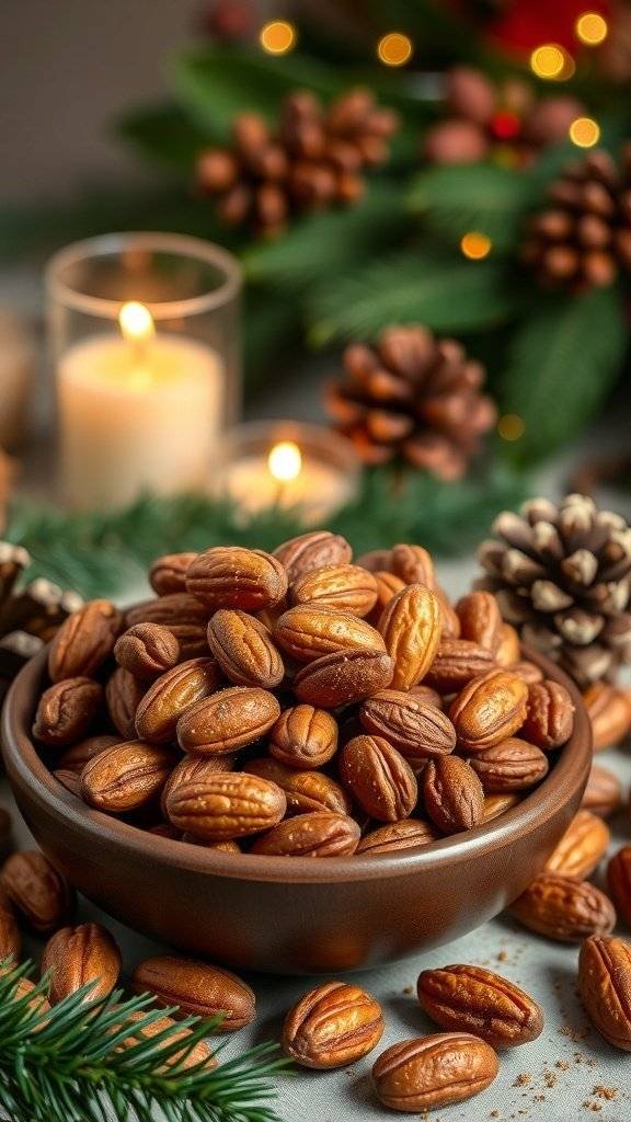 A bowl of spiced nuts surrounded by festive decorations, perfect for Christmas food gifts.